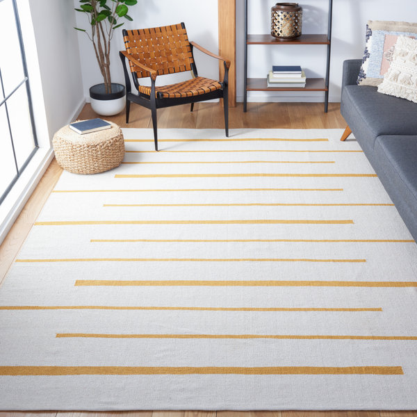 Ebern Designs Estiven Striped Handmade Flatweave Cotton White/Gold Area